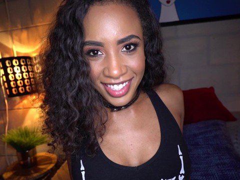 LovelyClips presents: Ebony hottie demi sutra spreads legs for a large white dick