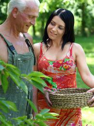 LovelyClips presents: Beautiful brunette babe enjoys a senior his stiffy cock