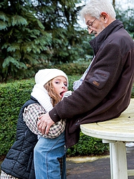 LovelyClips presents: Kinky teen cutie Bunny suck and fuck an old cock outdoors