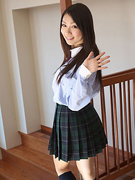 LovelyClips presents: Asian schoolgirl Tomoyo Hoshino strips to stockings and poses outdoors